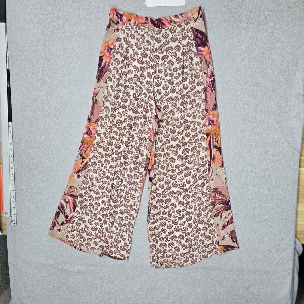 Free People Women Pants S Beige In The Mix Floral Wide Leg Cottagecore 26"